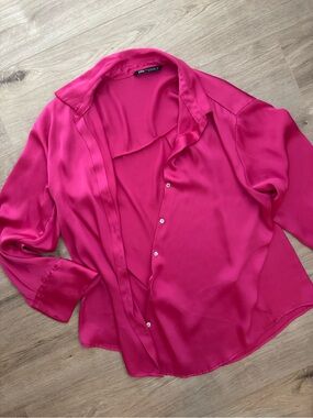 Zara Hot Pink Satin Button-Down Blouse
